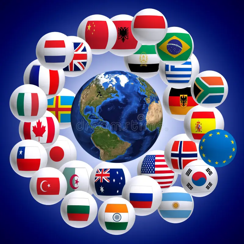 image icons flags different countries around globe close up image icons flags different countries around globe 155939692